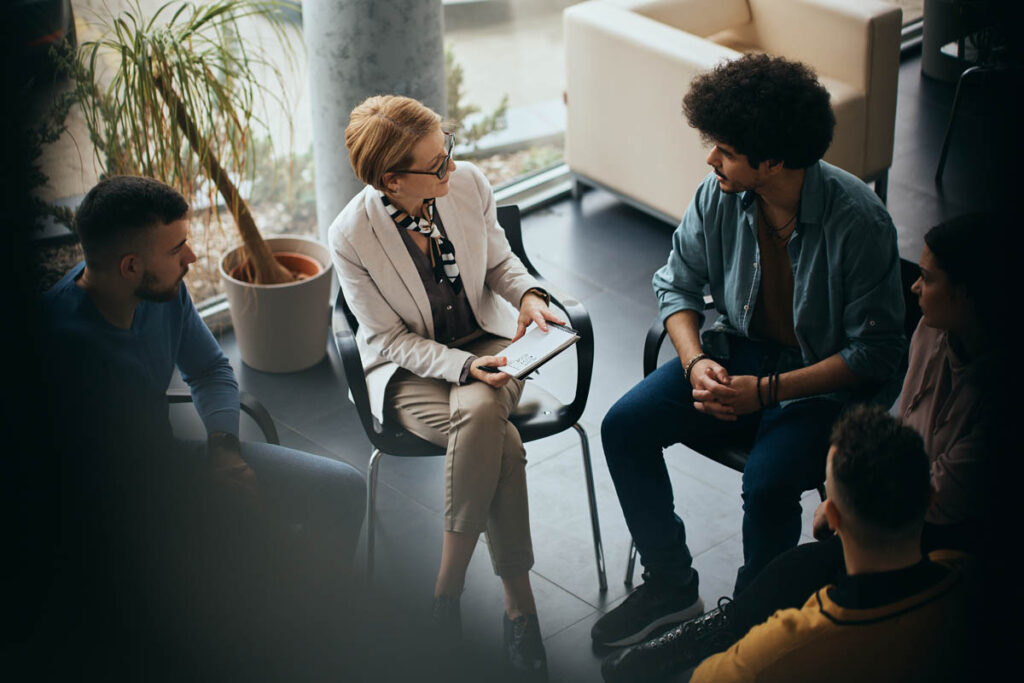 therapist and client talk about mental health levels of care