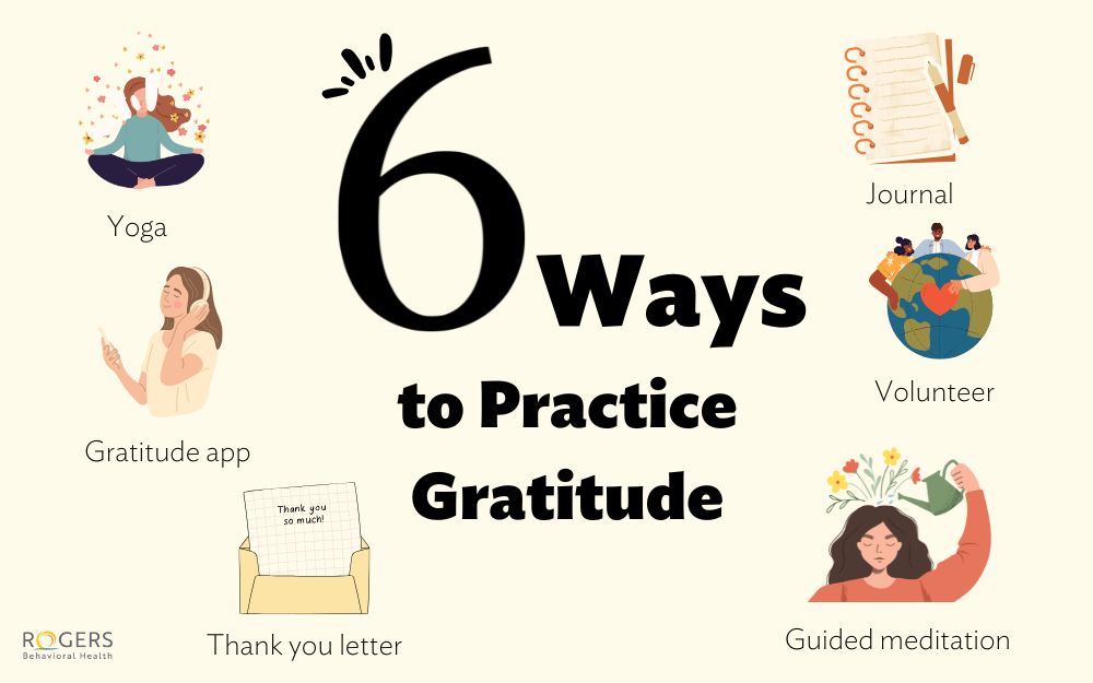 ways to practice gratitude yoga, an app, thank you letter, guide meditation, volunteer, journal